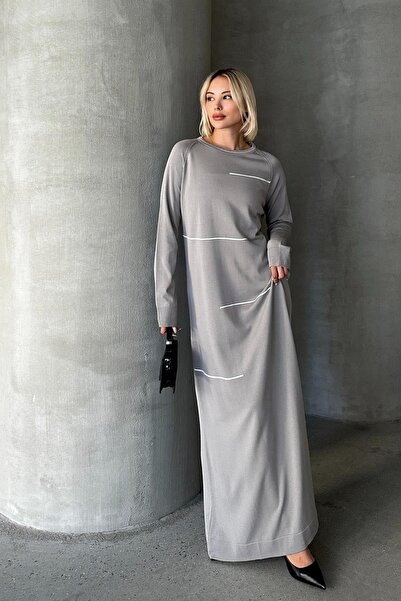 Olcay Pletené šaty s raglánovými rukávy – proužky, šedé 24206-E