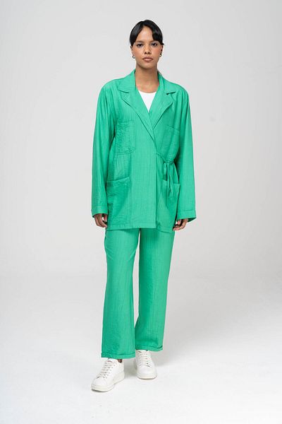 Olcay Jacket Lacing Closure Elastic Waist Trousers Suit GREEN 9221-TK
