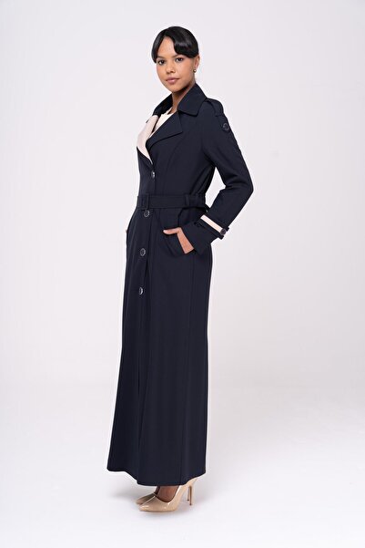 Olcay Garnished Epaulet and Double Collar Lined Topcoat Dark Blue 6556