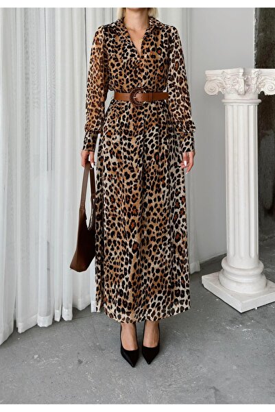 Olcay Šifonové šaty s leopardím výstřihem do V – hnědé se stahovací šňůrkou v pase a pásku 9247-E