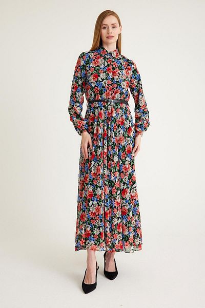Olcay Gemustertes Chiffonkleid - MERCAN 9619-EY mit geraffter Taille und Gürtel-Accessoires