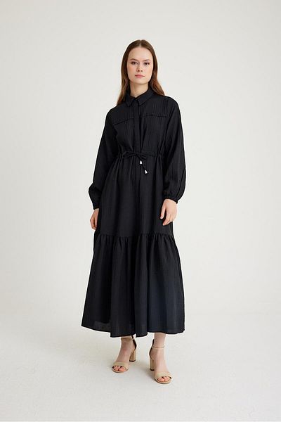 Olcay Robe Scallop Detailed Gathered Waist Dlouhé šaty ČERNÉ 9494-E