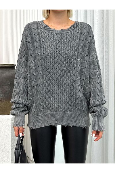 Olcay ANTHRACITE 8239 - Pulover din tricotaje învechite cu împletitură de păr, largi și tiv