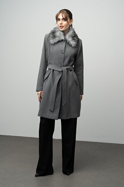 Olcay Plus Size Fur Coat with Removable Collar - GRAY 3004
