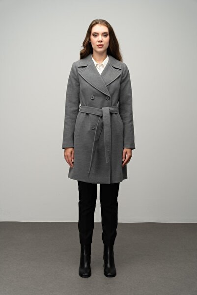Olcay Gray Double Breasted Coat - Waist Tied 3058