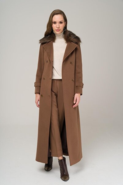 Olcay Szőrös duplasoros kabát levehető gallérral A.KAHVE 3991