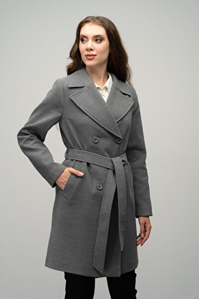 Olcay Gray Double Breasted Coat - Waist Tied 3058