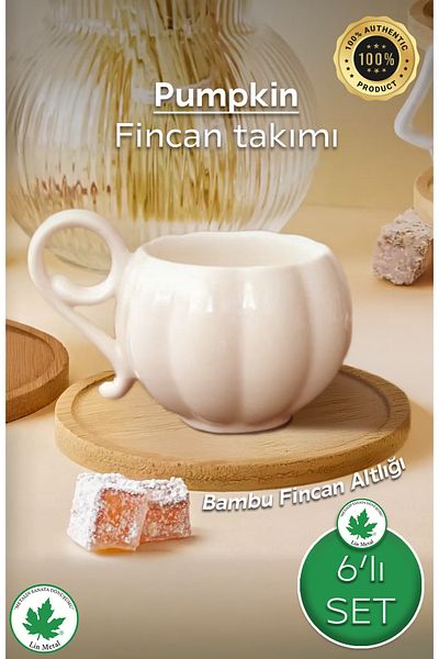 linmetal 6-Piece 12-Piece Pumpkin Cup - White Cup Set with Bamboo Plate, Coffee Color