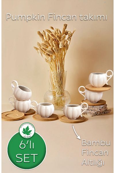 linmetal 6-Piece 12-Piece Pumpkin Cup - White Cup Set with Bamboo Plate, Coffee Color