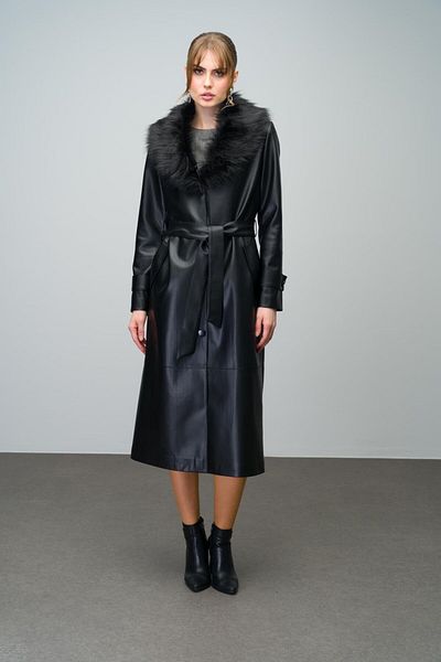 Olcay Schwarzer Leder-Trenchcoat - Abnehmbare Taille mit abnehmbarem Kragen und Gürtel 6606