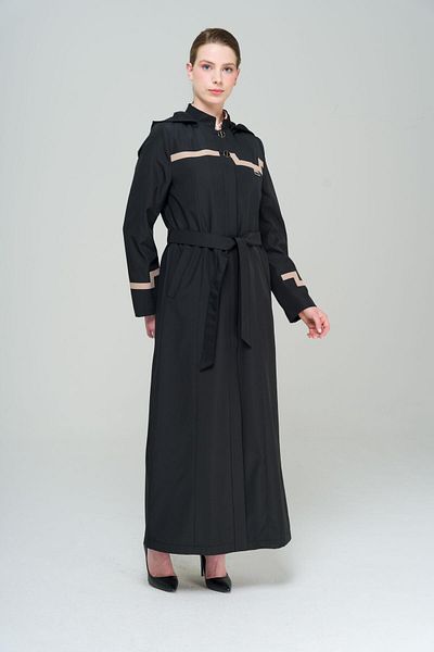 Olcay High Collar Detachable Hooded Garni Detailed Lined Long Trench Coat BLACK 4295