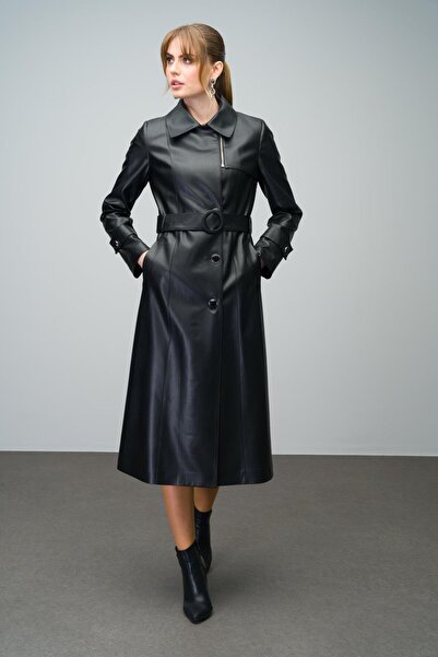 Olcay Μαύρη δερμάτινη καμπαρντίνα - με φερμουάρ στο γιακά, αγκράφα ζώνης 6609