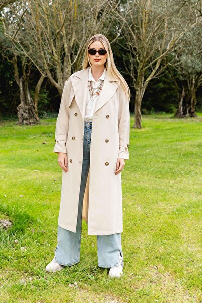 Olcay Wygodny, dwurzędowy, wodoodporny trencz bez podszewki BEŻOWY 6542