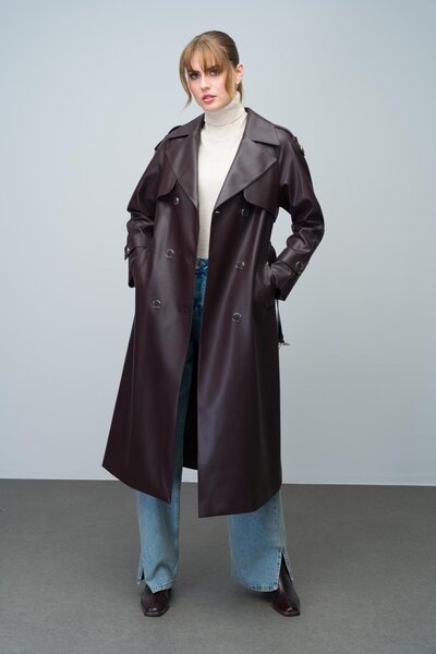 Olcay Kožený trenčkot s dvouřadým raglánovým rukávem – nárameníka a detail pláště, HNĚDÁ 6610