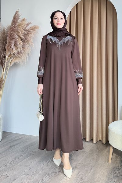 InStyle Φόρεμα Scuba Bitter Brown με πέτρες και πέρλες