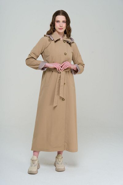 Olcay Detachable Hooded Half Lined Long Double Breasted Trench Coat KAMEL 6582