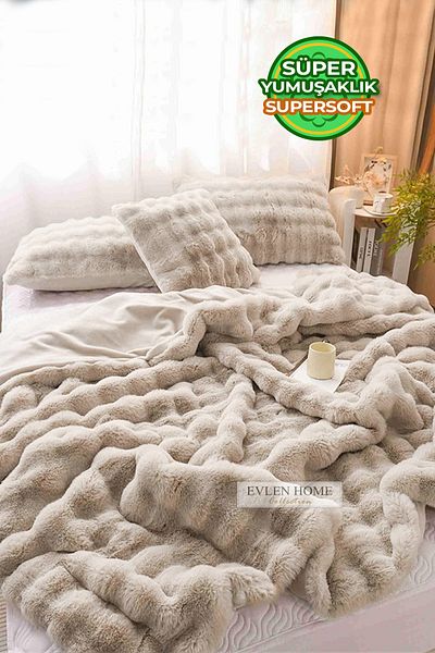 Evlen Home Collection طقم مفرش سرير فردي من الفرو - لحاف ناعم من القطيفة Wellsoft مكون من قطعتين لوريا بيج