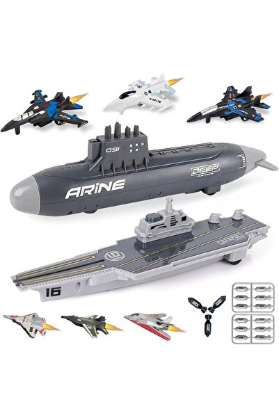 Feyza Oyuncak Savaş Jeti Fırlatan Uçak Gemisi ve Torpido Atan Denizaltı Oyuncak Asker Donanma Seti