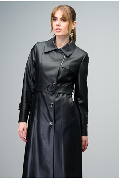 Olcay Černý kožený trenčkot - zip na límci, přezka na opasek 6609