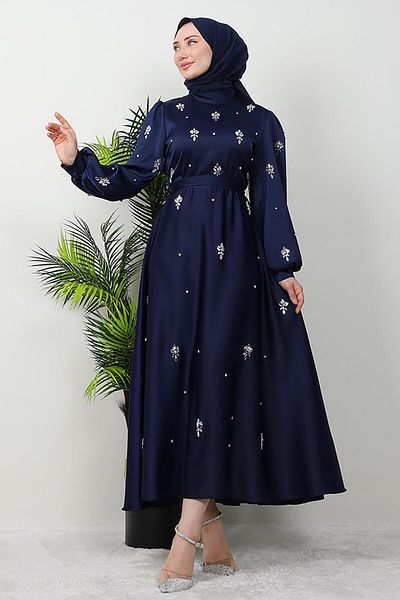 GİZ AGİYİM Navy Blue Satin Island Evening Dress