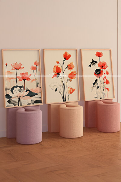 Tontilika Lotus ve Gelincik 3 Parçalı Ahşap Çerçeveli Tablo Seti-2