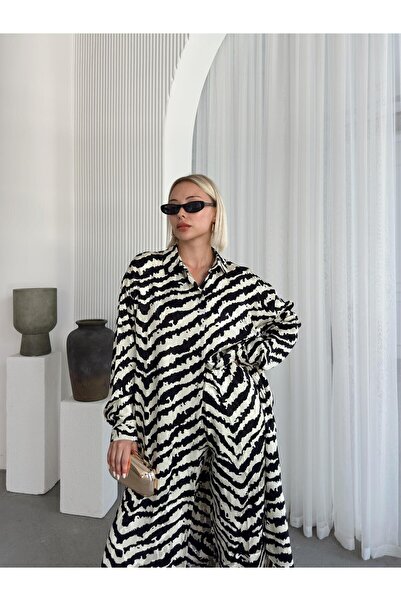 Olcay Silk Look Long Tunic Double Suit - Black-Beige 9255-Tk