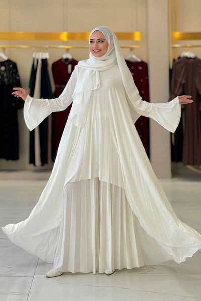 Bym Fashion 8575 Ecru Long Tunic and Trousers Double Set - Pleated Detail