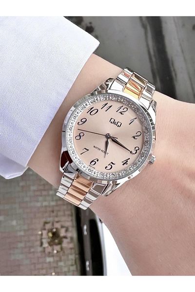 Q&Q Women's Dual Color Wristwatch with Shiny Silver and Stone Detail - Elegance Quality