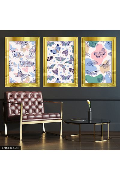 Evinemoda Masa cu oglinda din plexiglas cu fluturi colorati aurii 3 piese