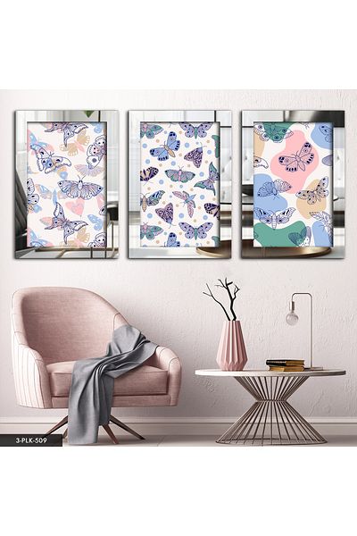 Evinemoda Masa cu oglinda din plexiglas, argintiu, fluturi colorati, 3 piese