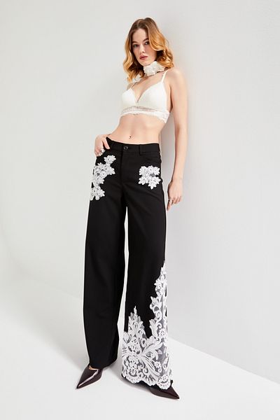 its basic Women's Black Color Lace Relaxed Fit Design Trousers