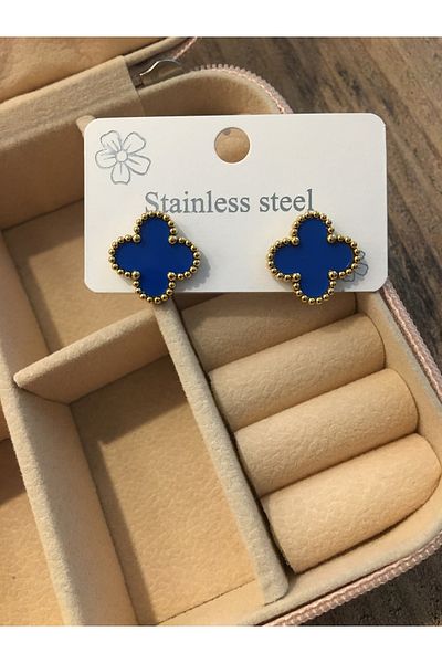 GUNESTAKI Gold Navy Blue Vc Brand Model Clover Earrings