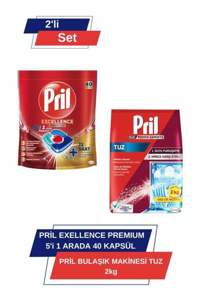 Pril Excellence Premium 5’i 1 Arada 40'lı Kapsül & Bulaşık Makinesi Tuzu 2 Kg