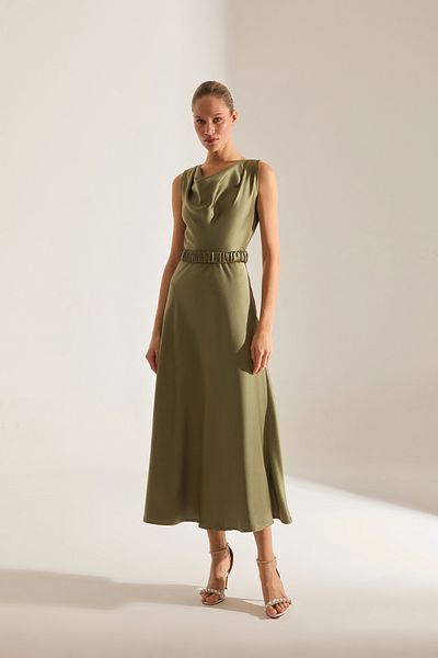 BETTY & SAM Marina Sleeveless Degaje Neckline Flared Hem Khaki Engagement Dress