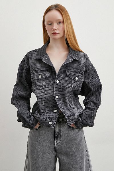 Never more Antiracite Stone Embroidered Denim Jacket
