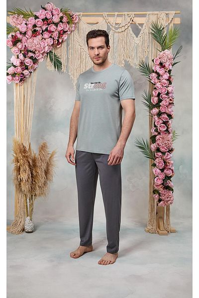 Doreanse Ανδρικό Σετ Πιτζάμα T-Shirt με Γκρι Κείμενο 25Y4574