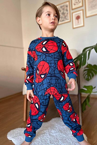 Riccotarz Boy's Netting and Spiderman Head Printed Navy Blue Pajamas Set