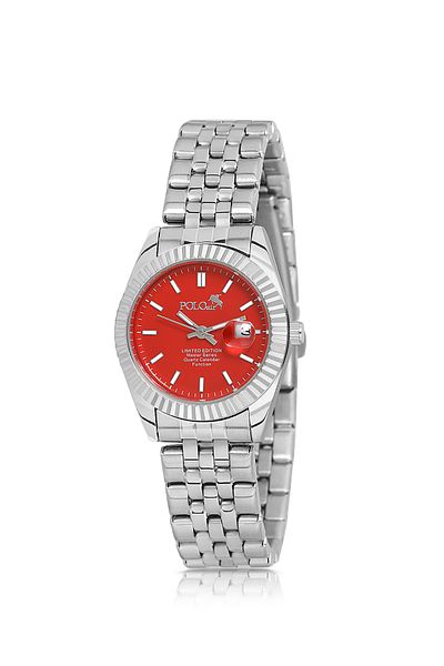 Polo Air Coral Single Row Women's Wrist Watch with Calendar Silver Red Color Pl-1519B6X