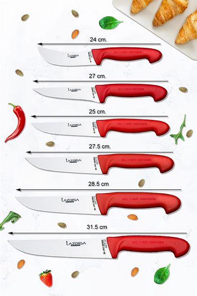 LAZBİSA Silver Series Kitchen Knife Set Row Pastry Knife Masat and Montesev Wooden Spoon Set (14 Pieces)