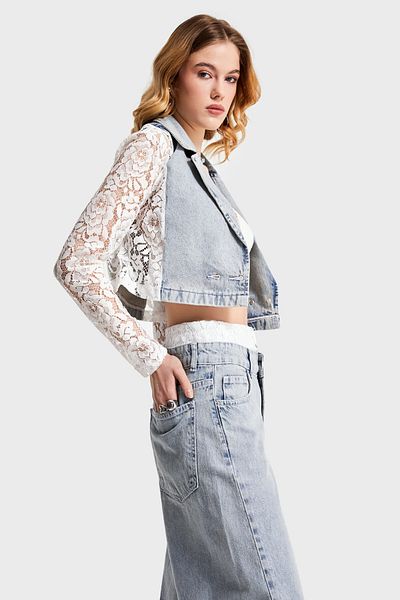 its basic Jachetă crop de damă, culoare denim, 2S532, cu mâneci cu design cu volan