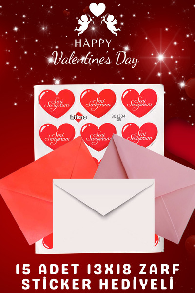 İstisna 15 Adet Sevgililer Günü 13x18 Zarf Sticker Hediyeli Tebrik Kartı Mekt...