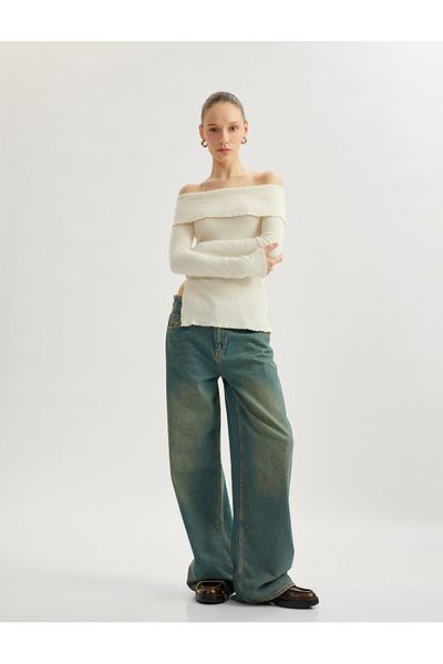 Koton Madonna Collar Off-The-Shoulder Long Sleeve Slit Detail T-Shirt