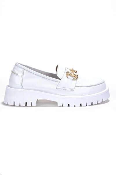 BELİSİA White Genuine Leather High Sole Loafer Women's Shoes