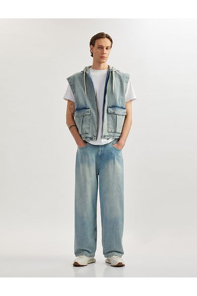 Koton Vestă supradimensionată din denim fără mâneci din bumbac, cu glugă și buzunare cu fermoar