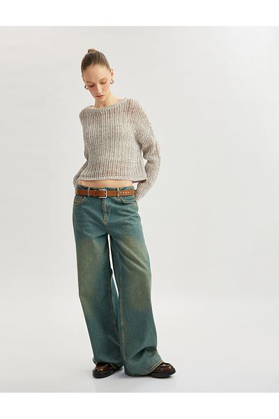 Koton Crew Neck Openwork Long Sleeve Knitwear Sweater