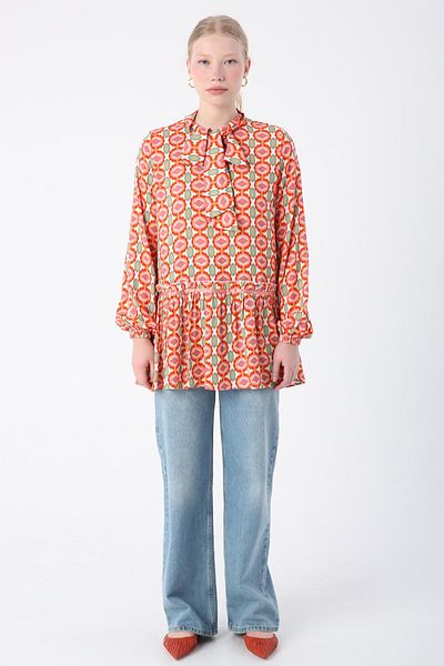 ALLDAY 23ds50176al0 Patterned Viscose Women's Tunic with Scarf Collar