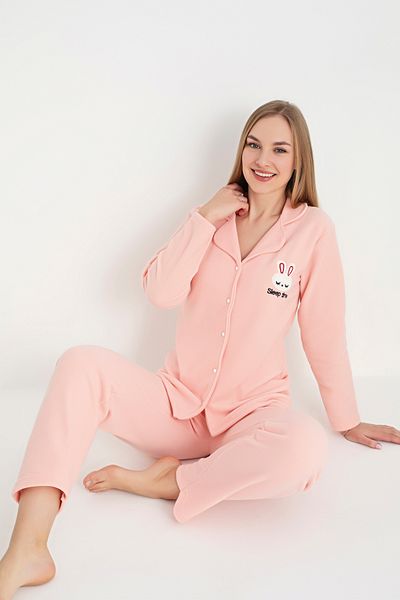 Sude HOMEWEAR Women's Tiny Rabbit Print Shirt Fleece Pajama Set