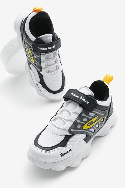 Tonny Black Pantofi sport unisex, alb, negru, cu talpă Faylon, cu șireturi din cauciuc și velcro