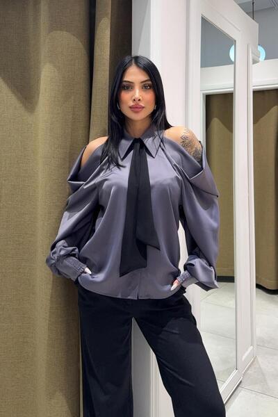Serica Moda Antrasit Omuz Detaylı Saten Gömlek