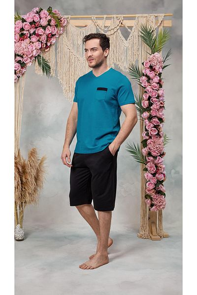 Doreanse Ανδρικό Σετ Πιτζάμα T-Shirt Μπλε Μαύρο Σορτς με V λαιμόκοψη 25Y4563